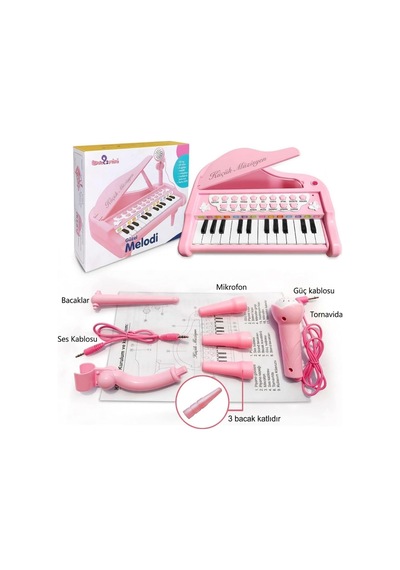 Pembe Mikrofonlu 24 Tuşlu Çocuk Piyanosu - Telefon Bağlantılı Eğitici Işıklı Org Müzik Seti