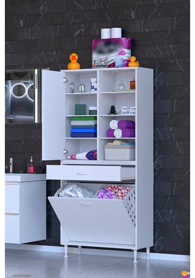 Afra 70 Cm 2 Gözlü Kirli Çamaşır Sepet, 1 Kapak Ve Çekmeceli 8 Raflı Çok Amaçlı Banyo Dolabı Beyaz Afra 70 Cm 2 Gözlü Kirli Çamaşır Sepet, 1 Kapak Ve Çekmeceli 8 Raflı Çok Amaçlı Banyo Dolabı Beyaz