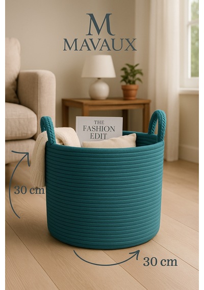 Mavaux Çok Amaçlı, 30cm-30cm Orta Boy, Yanları Saplı, Jüt, Hasır, Dokuma Sepet, Düzenleyici Organizer Petrol