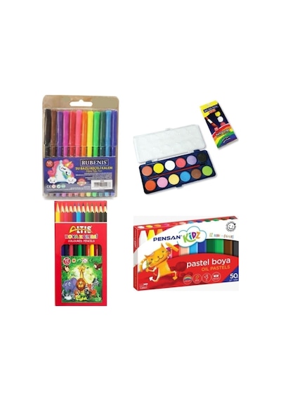 Ekonomik Kırtasiye Boyama Seti Pastel Boya+sulu Boya+keçeli Boya+kuru Boya