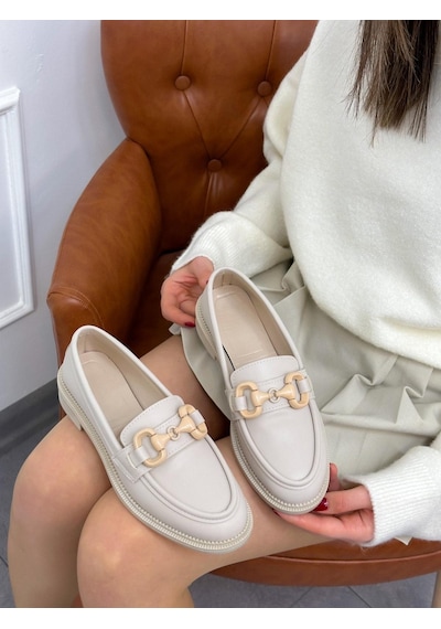 Bej Cilt Fiona Toka Detay Ortopedik Taban Kadın Loafer-5188 Bej