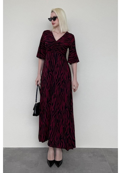 Madmext Bordo Zebra Desenli V Yaka Yarım Kollu Elbise Mg2394