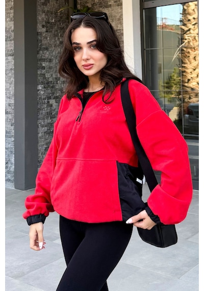 Tommy Life Fiesta Yarım Fermuar Etek Ucu Büzgülü Dik Yaka Oversize Kadın Polar Sweatshirt - 97236 Kırmızı