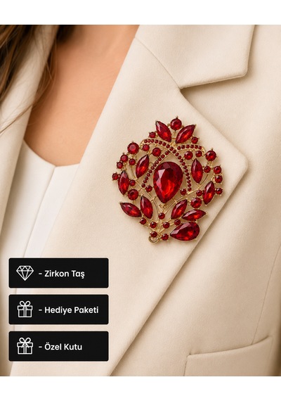 Premium Kırmızı Zirkon Taşlı Gold Renk Kadın Broş Rozet Aksesuar Açık Gri