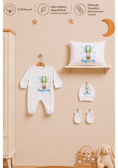 Pia Baby Erkek Bebek %100 Pamuk İsme Özel Hastane Çıkışı Tulum Seti Yastık Kılıfı Battaniyeli 2038tyb3x Ekru