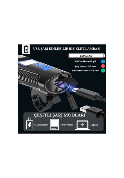 Şarjlı Bisiklet Lcd Hız Göstergesi Su Geçirmez Led Işık Km Ekran Kronometre Bisiklet Kornası Feneri Siyah - 796361556 Siyah