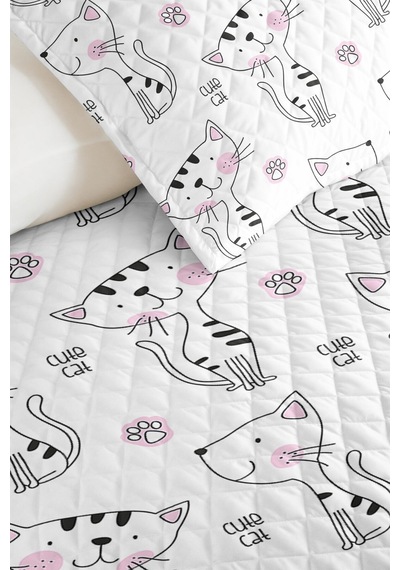 Evimde Bambaşka Kedi Pembe Beyaz Kız Çocuk Pike Takımı - Sevimli Minimal Siyah Bebek Odası Yatak Örtüsü - 160x220  CM