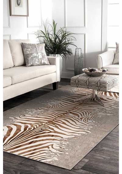 Frenda Home Zebra Desen Pamuk Taban Baskılı Halı Bej