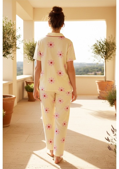 Siyah İnci Düğmeli Biyeli Viskon Örme Pijama Takım 26120762 sari