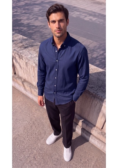 Butik İstanbul Erkek Standart Kesim Gabardin Kumaş Uzun Kollu Gömlek Lacivert