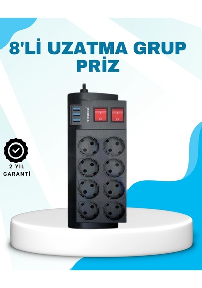 Hubrendy Tekno Isıya Dayanıklı Termal Akım Korumalı 8'li Priz Ve 3 Usb Girişli Uzatma Kablosu