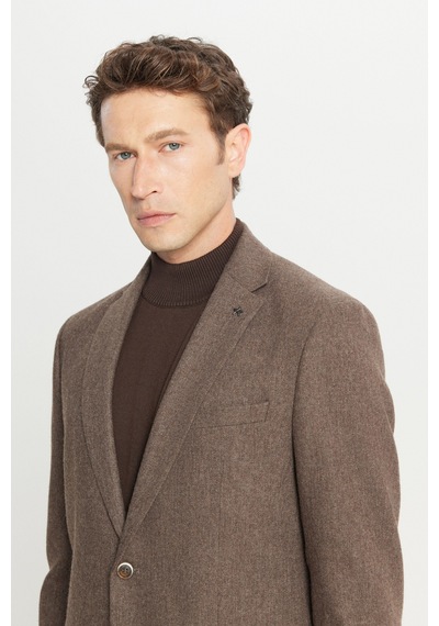 Altınyıldız Classıcs Lımıted Edıtıon Erkek Kahverengı Yünlü Slim Fit Dar Kesim Mono Yaka Kapak Cepli Esnek Takım Elbise Kahverengi