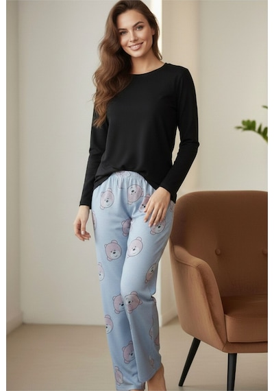 Siyah İnci Pamuklu Örme Pijama Takım 7975 Mavi Pembe Ayıcık