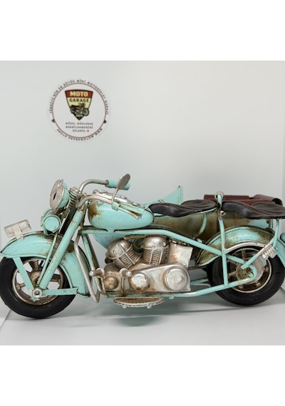 Nostaljik Sepetli Buz Mavisi Klasik Motosiklet - 1:18 Ölçek 12cm Dekoratif Model