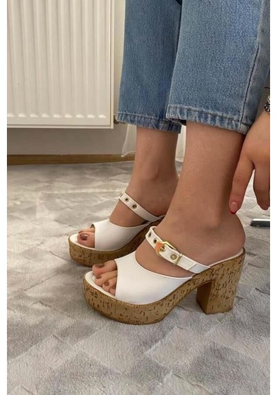 Asmi Shoes Kadın Tena Mantar Taban Platform Topuklu Terlik 10 Cm Snd456 Beyaz Beyaz