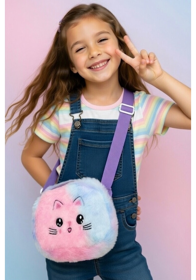 Mollycrush Hediye Kız Çocuk Kedi Figürlü Peluş Omuz Çantası Ayarlanabilir Askılı Trend Tasarım Mor