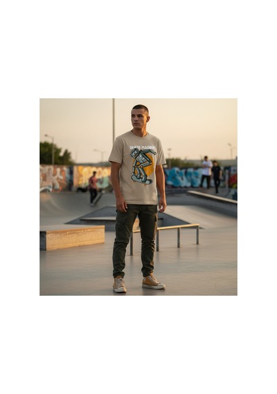 Urbantrendstore Unisex Skate Machine Kaykay Oversize Fit Rahat Geniş Salaş T-shirt Günlük Tişört Bej