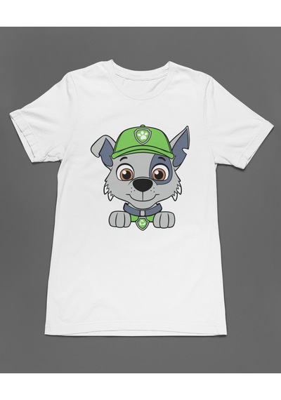 Bumeta Yeşil Şapkalı Kurtarıcı Rocky Paw Patrol Unisex Tişört T-shirt Beyaz