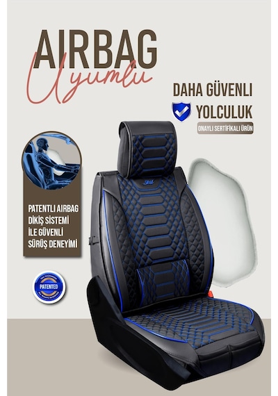 Renault Latitude Uyumlu Lüx Deri Oto Koltuk Kılıfı Ön Arka Takım Crystal Siyah Mavi