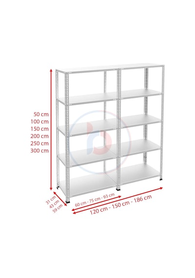 Raf Burada  5 Katlı Duble Galvaniz Çelik Raf - Depo, Arşiv, Kiler, Dosya, Market Rafı-31x75 cm-100 cm-0.70 mm