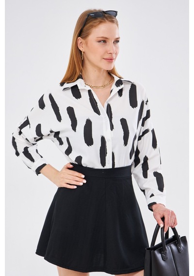 Armonika Kadın Siyah Fırça Desen Oversize Uzun Basic Gömlek Arm-22y001141