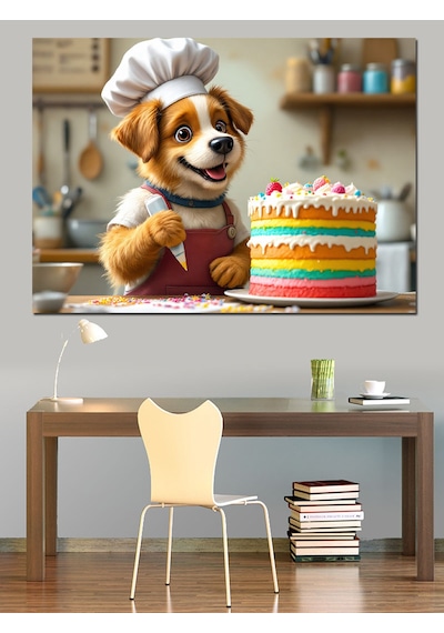 Pasta Yapan Sevimli Köpek Dekoratif Kanvas - Mdf Ahşap Tablo