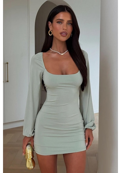 Pink Life Mint Aura Koyu Ton Yeşil Mini Elbise