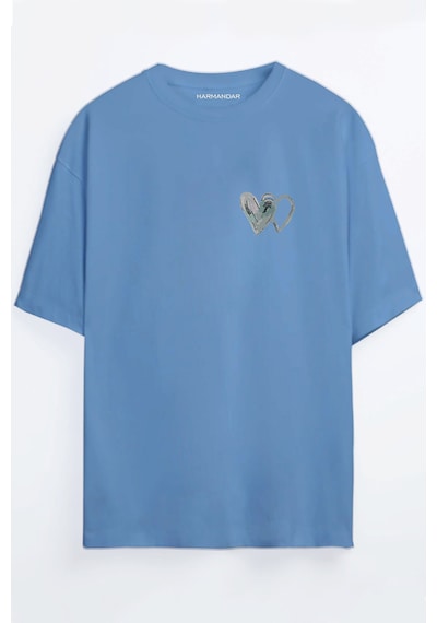 İkili Kalp Baskılı Bordo - Mavi Oversize T-shirt Mavi