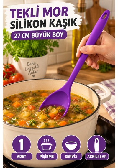 Tekli Mor Büyük Boy Silikon Kaşık 27 Cm Mutfak Yemek Pişirme Ve Servis Kaşığı Evde Yemek Sunumu İçin