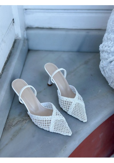 Ervanın Butiği Beyaz Örgü Leay Lastikli Kadın Stiletto-6151