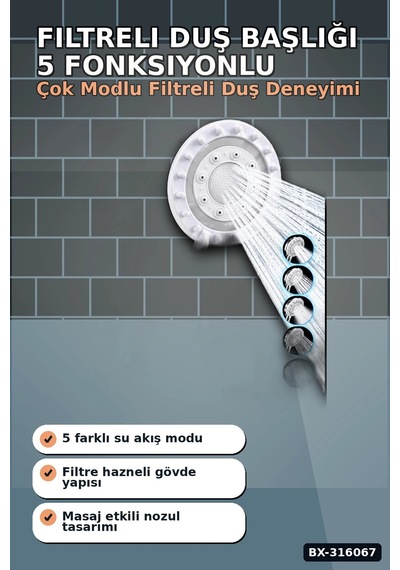 Filtreli Duş Başlığı 5 Fonksiyonlu Masaj Etkili Klor Kireç Önleyici El Duşu Bx-316067 Renkli