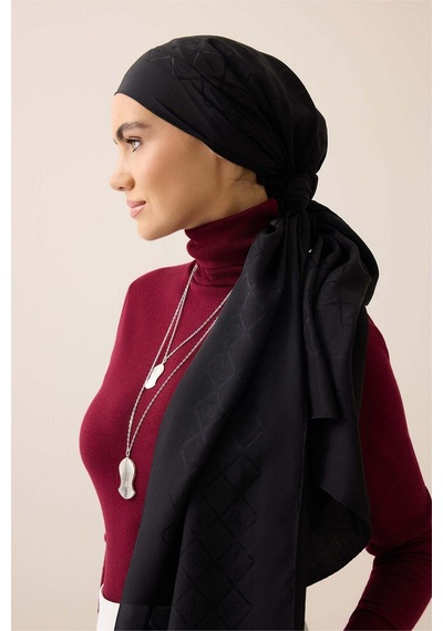 Imannoor Oryantal Kafes Siyah Jakarlı İpek Şal 70x200 Siyah