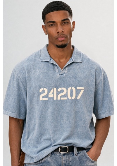 Respire Erkek 24207 Baskılı Yıkamalı Oversize T-shirt Mavi