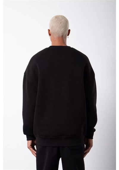 Unisex Biskilet Yaka Üç İplik Sweatshirt - Siyah