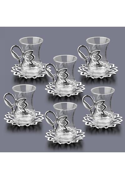 Demet 6 Kişilik Gümüş Renk Çay Seti: Metal Kulplu Ve Tabaklı Gümüş - Şeffaf