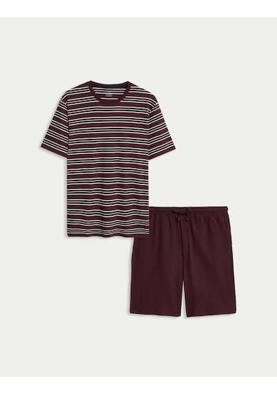 Marks & Spencer Kareli Waffle Dokulu %100 Pamuklu Pijama Takımı T07000091 Bordo