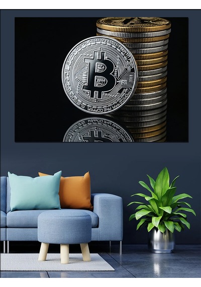 Bitcoin Kripto Para Yığını Dekoratif Kanvas - Mdf Ahşap Tablo