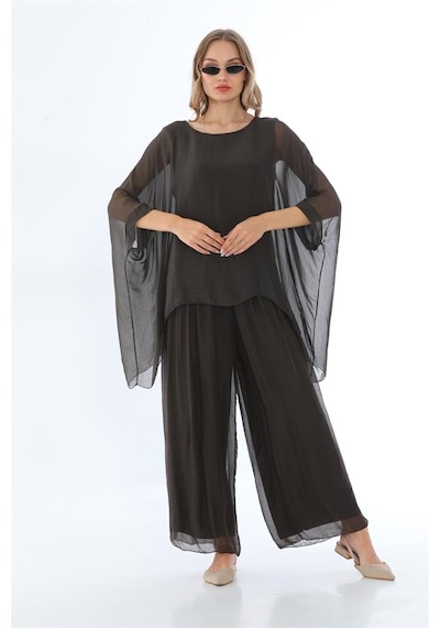 Bohem Stil İtalyan Yarasa Kol İpek Bluz & Pantolon Takım-8767 Kahverengi