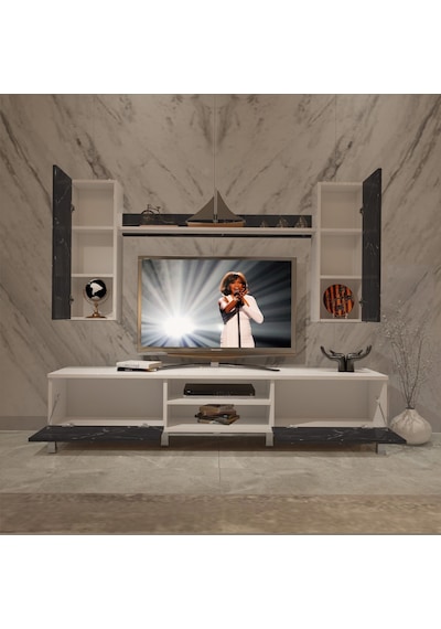 Decoraktiv Eko 7 Mdf Dvd Krom Ayaklı Tv Ünitesi Tv Sehpası Beyaz - Siyah Mermer