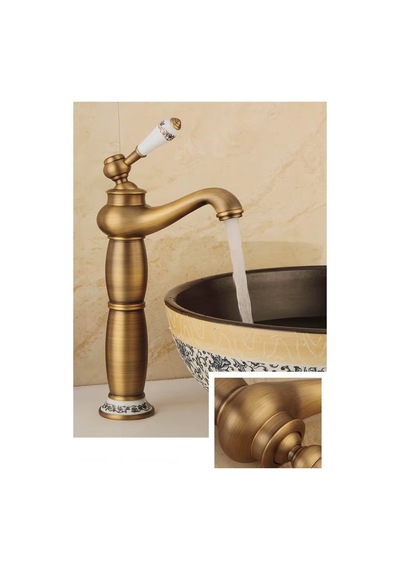 Rena Design Rustik Antik Çanak Lavabo Bataryası Banyo Yüksek Musluk Eskitme Porselen Işleme Armatür Otantik Bakır Retro Antik Eskitme