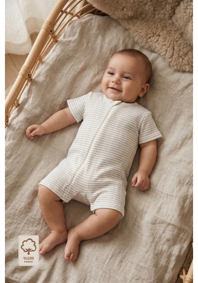 Minory Baby - Fermuarlı Çizgili Kısa Kollu Yazlık Bebek Tulum Gri Gri