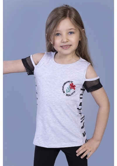 Toontoy Kids Toontoy Kız Çocuk Göğsü Nakışlı Tişört Gri Melanj