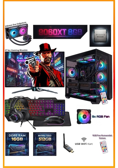 Comloji CMLJ52 R9-9900X 16 GB 512 GB SSD RX9060XT 27" Free Dos Masaüstü Oyuncu Bilgisayarı