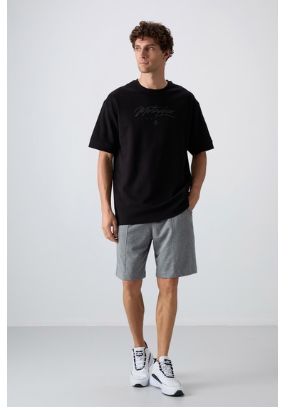 Tommy Life Siyah Pamuklu Kalın Yumuşak Dokulu Oversize Fit Baskılı Erkek T-shirt - 88320 Siyah