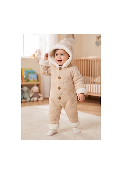 Tatlı Unisex Bebek Kapitone Tulum İçi Peluş Kürklü Kapüşonlu Düğmeli Kışlık Bebek Kozmonot Tulumu Bej