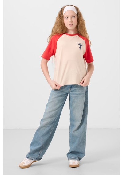 Bej O Yaka Pamuklu Baskılı Oversize Fit Kız Çocuk T-shirt - 75179 Bej