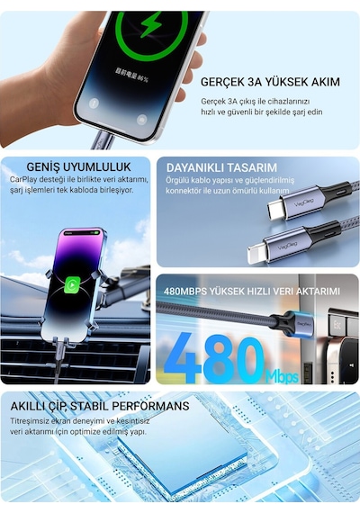 Veggieg 27w 3a Usb Type-c To Lightning iPhone Apple Uyumlu iPad  Mfı Hızlı Şarj Ve Data Senkronizasyon Kablosu 2 Metre