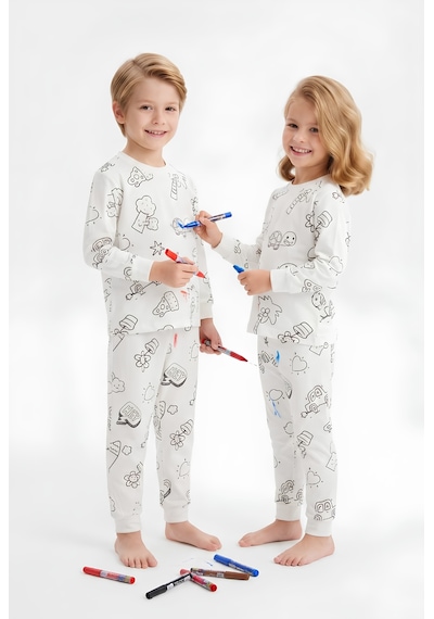 Bunny Hopp Çocuk Boyanabilir Uzun Kollu Pijama Takımı %100 Pamuk Yıkanabilir Ve Tekrar Boyanabilir Penye 6'lı Kalem Hediye Beyaz