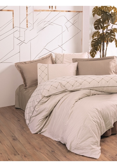 Cotton Box Nakışlı Saten Çift Kişilik Nevresim Takımı Afra Bej