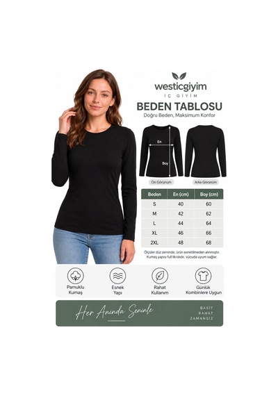 Westicgiyim Kadın Siyah Uzun Kollu Basic T-shirt Kapalı Bisiklet Yaka Full Likralı Esnek Pamuklu